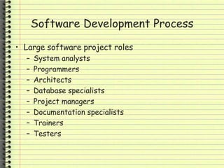 Software Development Process
• Large software project roles
– System analysts
– Programmers
– Architects
– Database specialists
– Project managers
– Documentation specialists
– Trainers
– Testers
 