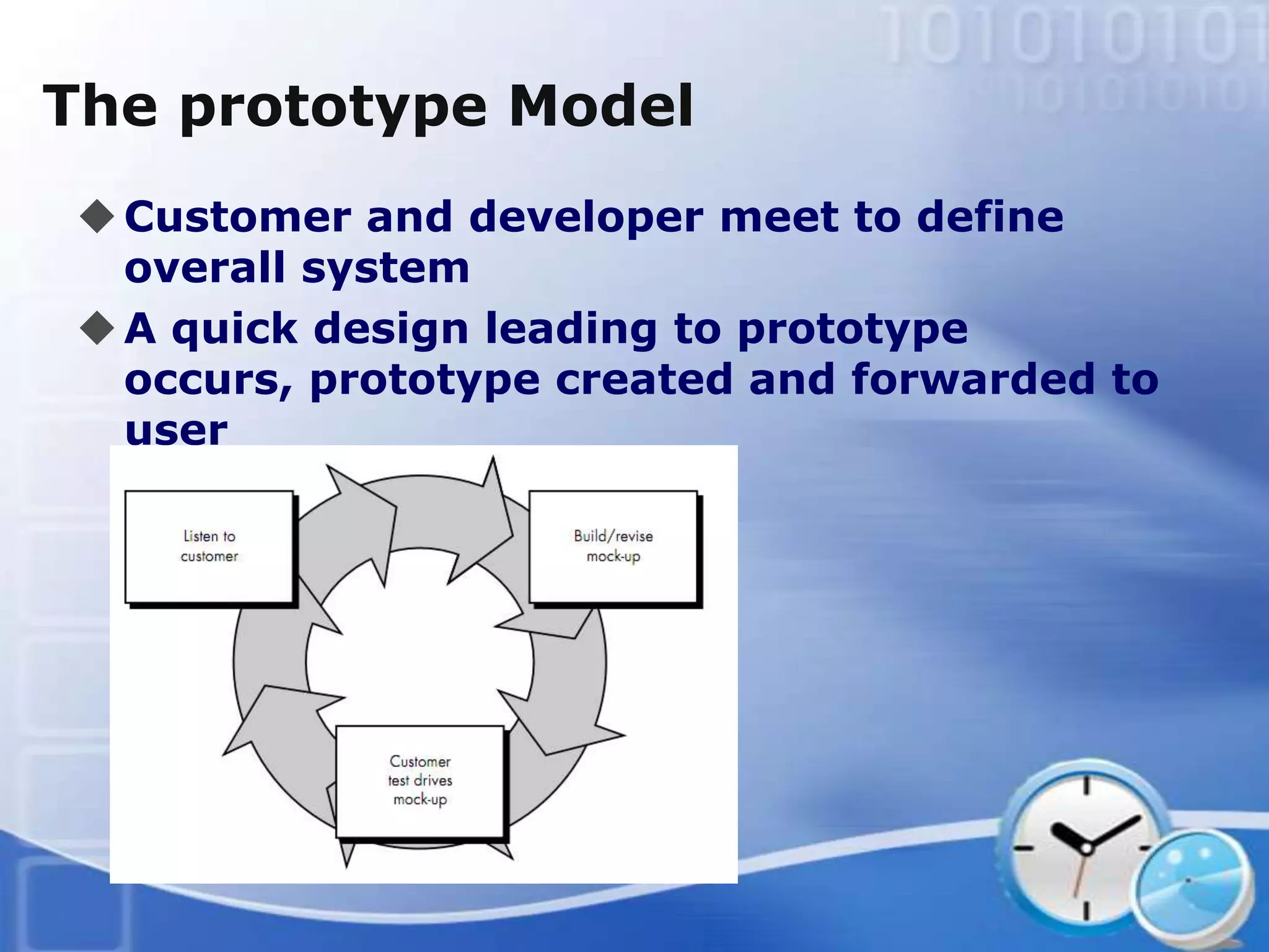 The prototype Model
 Customer and developer meet to define
  overall system
 A quick design leading to prototype
  occurs, prototype created and forwarded to
  user
 