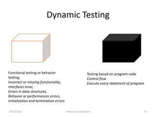 Dynamic Testing

Functional testing or behavior
testing,
Incorrect or missing functionality,
Interfaces error,
Errors in data structures,
Behavior or performances errors,
Initialization and termination errors
05/03/2014

Testing based on program code
Control flow
Execute every statement of program

Software Development

14

 