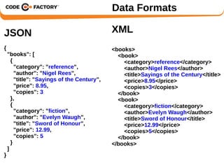 Data Formats 
JSON 
{ 
"books": [ 
{ 
"category": "reference", 
"author": "Nigel Rees", 
"title": "Sayings of the Century", 
"price": 8.95, 
"copies": 3 
}, 
{ 
"category": "fiction", 
"author": "Evelyn Waugh", 
"title": "Sword of Honour", 
"price": 12.99, 
"copies": 5 
} 
] 
} 
XML 
<books> 
<book> 
<category>reference</category> 
<author>Nigel Rees</author> 
<title>Sayings of the Century</title> 
<price>8.95</price> 
<copies>3</copies> 
</book> 
<book> 
<category>fiction</category> 
<author>Evelyn Waugh</author> 
<title>Sword of Honour</title> 
<price>12.99</price> 
<copies>5</copies> 
</book> 
</books> 
 
