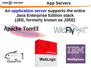 App Servers 
An application server supports the entire 
Java Enterprise Edition stack 
(JEE, formerly known as J2EE) 
 