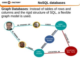 NoSQL databases 
Graph Databases: Instead of tables of rows and 
columns and the rigid structure of SQL, a flexible 
graph model is used. 
 