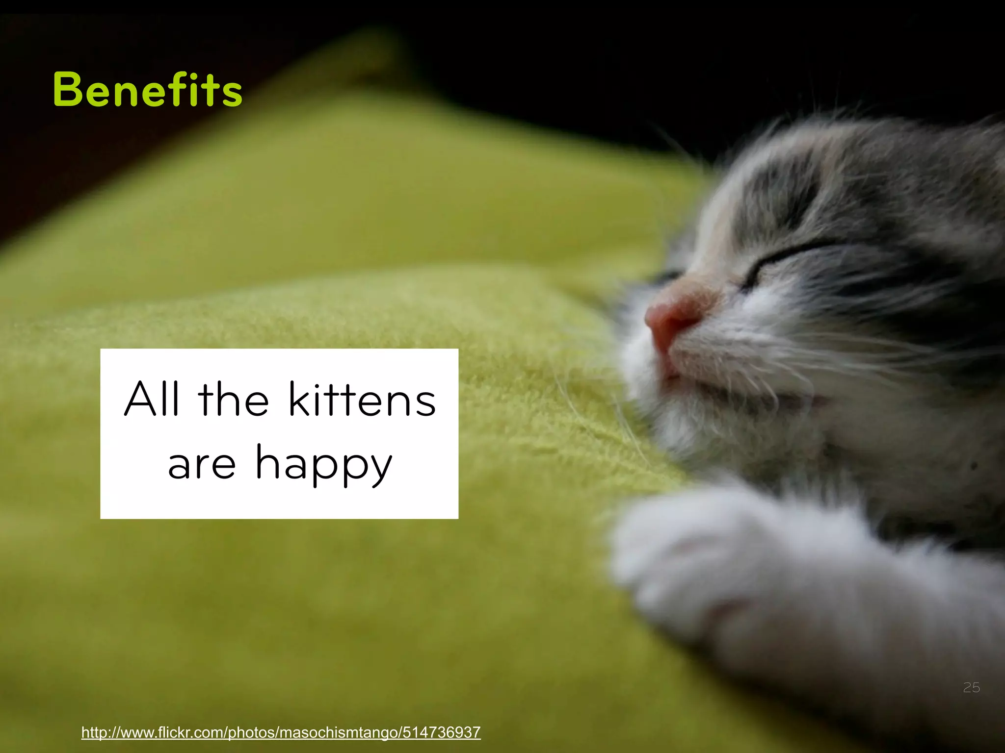 Beneﬁts




      All the kittens
        are happy



                                                         25


 http://www.flickr.com/photos/masochismtango/514736937
 