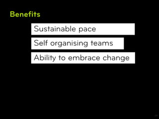 Beneﬁts
     Sustainable pace
     Self organising teams
     Ability to embrace change




                                 24
 