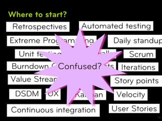 Where to start?
 Retrospectives    Automated testing
Extreme Programming        Daily standup
  Unit testing  Card walls     Scrum
             Confused?
Burndown Charts Sprints Iterations
Value Stream Mapping       Story points
 DSDM     UX      Kanban    Velocity
Continuous integration     User Stories
                                          28
 