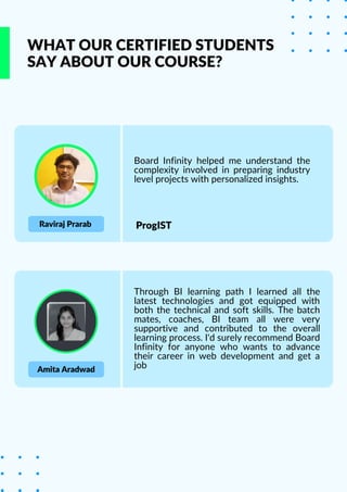 SAY ABOUT OUR COURSE?
WHAT OUR CERTIFIED STUDENTS
Raviraj Prarab ProgIST
Board Infinity helped me understand the
complexity involved in preparing industry
level projects with personalized insights.
Amita Aradwad
Through BI learning path I learned all the
latest technologies and got equipped with
both the technical and soft skills. The batch
mates, coaches, BI team all were very
supportive and contributed to the overall
learning process. I'd surely recommend Board
Infinity for anyone who wants to advance
their career in web development and get a
job
 