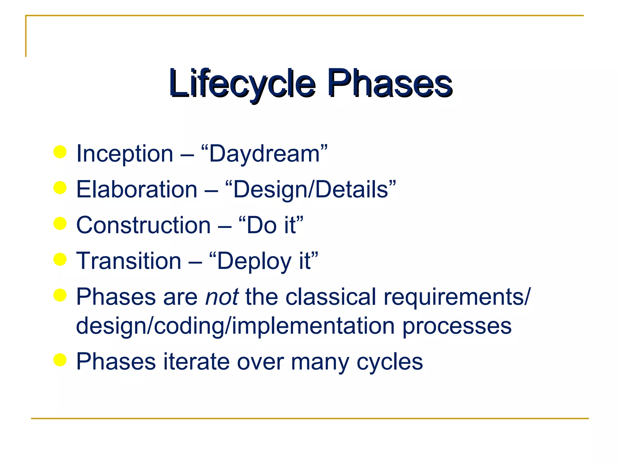 Lifecycle Phases Inception – “Daydream” Elaboration – “Design/Details” Construction – “Do it” Transition – “Deploy it” Phases are  not  the classical requirements/ design/coding/implementation processes Phases iterate over many cycles 