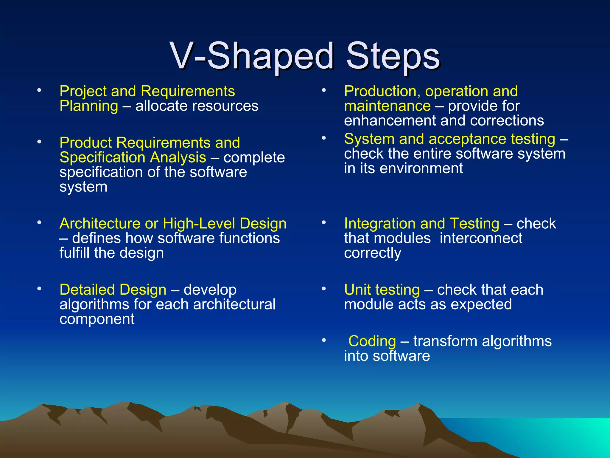 V-Shaped Steps
•   Project and Requirements            •   Production, operation and
    Planning – allocate resources           maintenance – provide for
                                            enhancement and corrections
•   Product Requirements and            •   System and acceptance testing –
    Specification Analysis – complete       check the entire software system
    specification of the software           in its environment
    system

•   Architecture or High-Level Design   •   Integration and Testing – check
    – defines how software functions        that modules interconnect
    fulfill the design                      correctly

•   Detailed Design – develop           •   Unit testing – check that each
    algorithms for each architectural       module acts as expected
    component
                                        •    Coding – transform algorithms
                                            into software
 