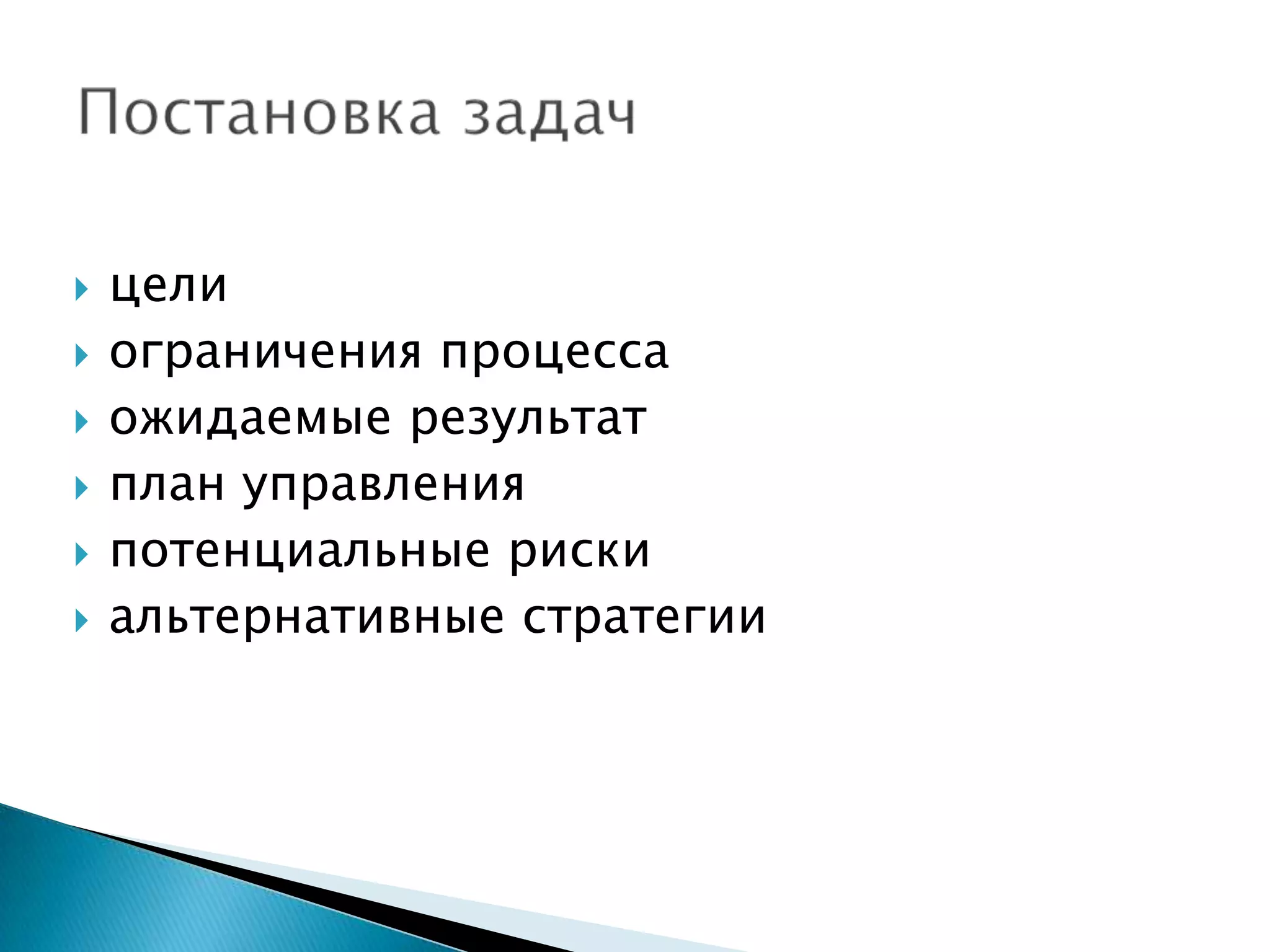    цели
   ограничения процесса
   ожидаемые результат
   план управления
   потенциальные риски
   альтернативные стратегии
 