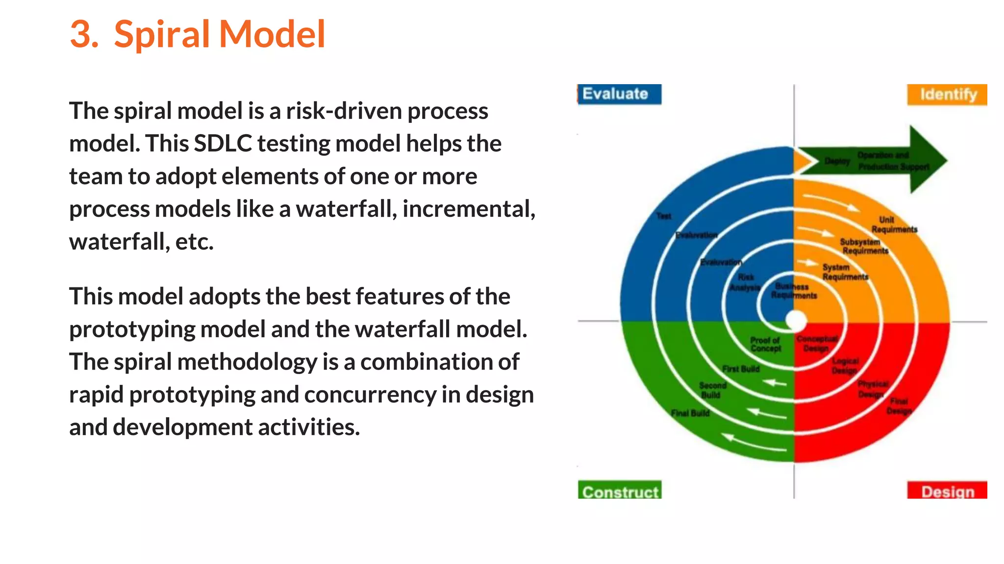 The spiral model is a risk-driven process
model. This SDLC testing model helps the
team to adopt elements of one or more
process models like a waterfall, incremental,
waterfall, etc.
This model adopts the best features of the
prototyping model and the waterfall model.
The spiral methodology is a combination of
rapid prototyping and concurrency in design
and development activities.
3. Spiral Model
And
 