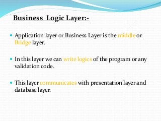 Business Logic Layer:-
 Application layer or Business Layer is the middle or
Bridge layer.
 In this layer we can write logics of the program or any
validation code.
 This layer communicates with presentation layer and
database layer.
 