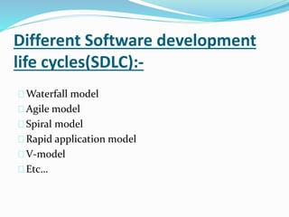 Topics that are covered:-
 Different SDLC.
 Waterfall methodology advantages and disadvantages.
 Agile with scrum framework Roles, Process and
Benefits.
 Requirements and analysis
 Structure of 3-tier architecture and its layers.
 
