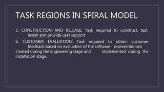 TASK REGIONS IN SPIRAL MODEL
5. CONSTRUCTION AND RELEASE: Task required to construct, test,
install and provide user support.
6. CUSTOMER EVALUATION: Task required to obtain customer
feedback based on evaluation of the software representations
created during the engineering stage and implemented during the
installation stage.
 