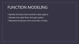 FUNCTION MODELING
• Identify functions that transform data objects.
• Indicate how data flows through system.
• Represent producers and consumers of data.
 