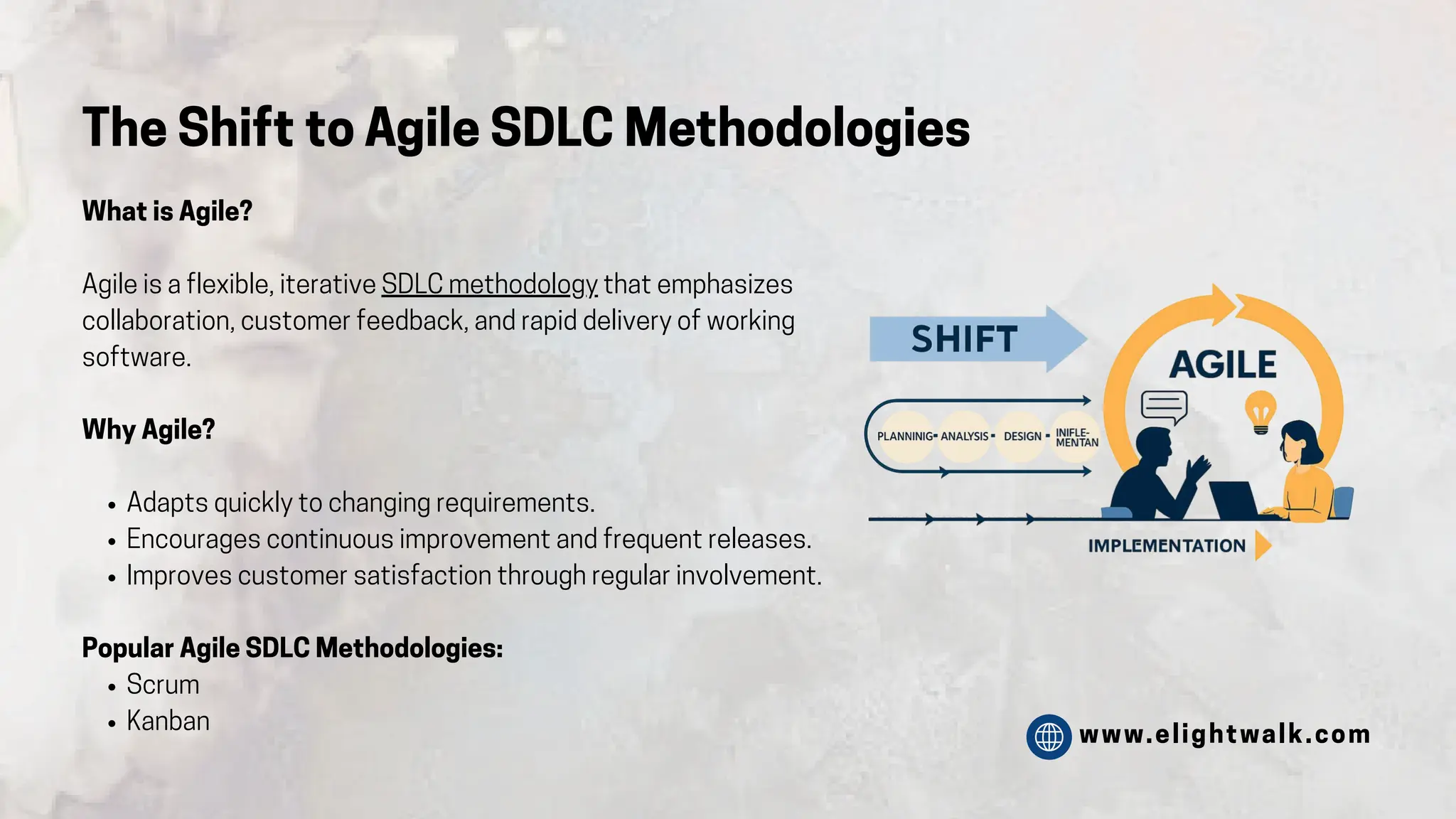 www.elightwalk.com
What is Agile?
Agile is a flexible, iterative SDLC methodology that emphasizes
collaboration, customer feedback, and rapid delivery of working
software.
Why Agile?
Adapts quickly to changing requirements.
Encourages continuous improvement and frequent releases.
Improves customer satisfaction through regular involvement.
Popular Agile SDLC Methodologies:
Scrum
Kanban
The Shift to Agile SDLC Methodologies
 