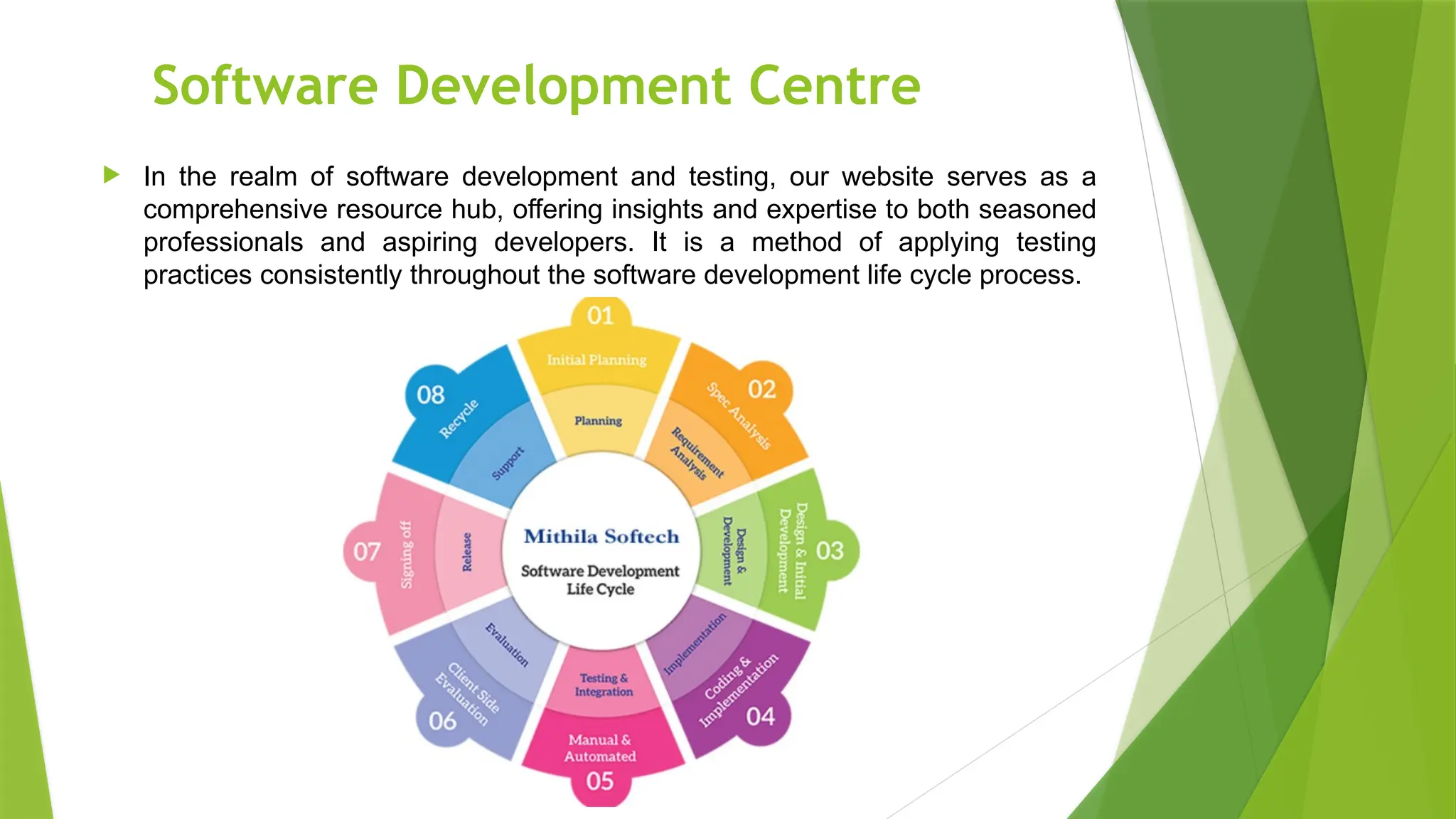 Software Development Centre
 In the realm of software development and testing, our website serves as a
comprehensive resource hub, offering insights and expertise to both seasoned
professionals and aspiring developers. It is a method of applying testing
practices consistently throughout the software development life cycle process.
 