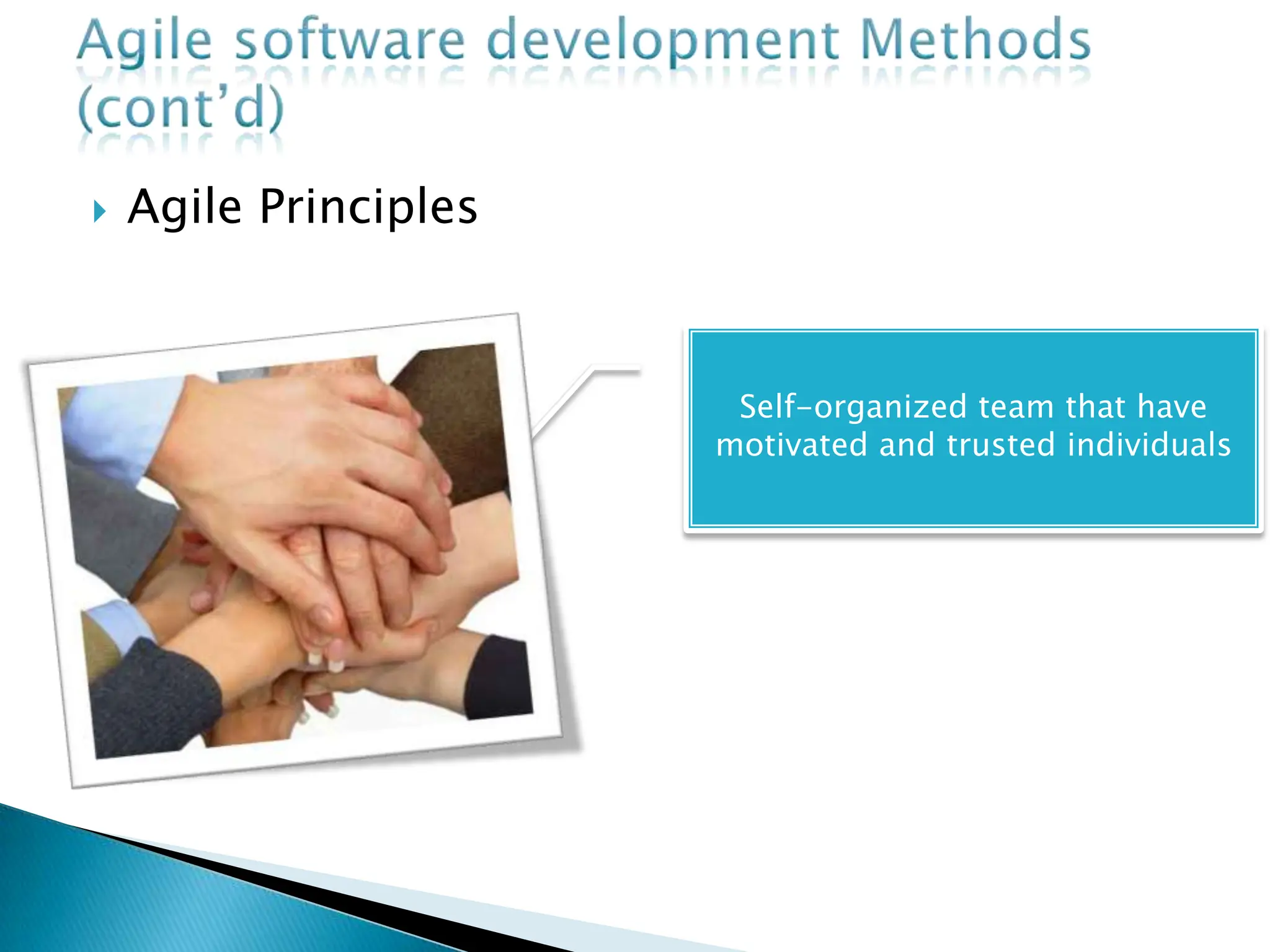  Agile Principles
Self-organized team that have
motivated and trusted individuals
 