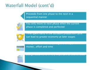 Proceeds from one phase to the next in a
sequential manner
You only move to next phase when the current
phase is completed and perfected
Time spent early in the Software production cycle
can lead to greater economy at later stages
A bug found in the early stages is cheaper in
money , effort and time
Design documents is very important as source code
 