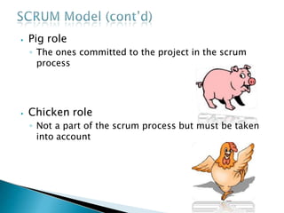 ⦁ Pig role
◦ The ones committed to the project in the scrum
process
⦁ Chicken role
◦ Not a part of the scrum process but must be taken
into account
 