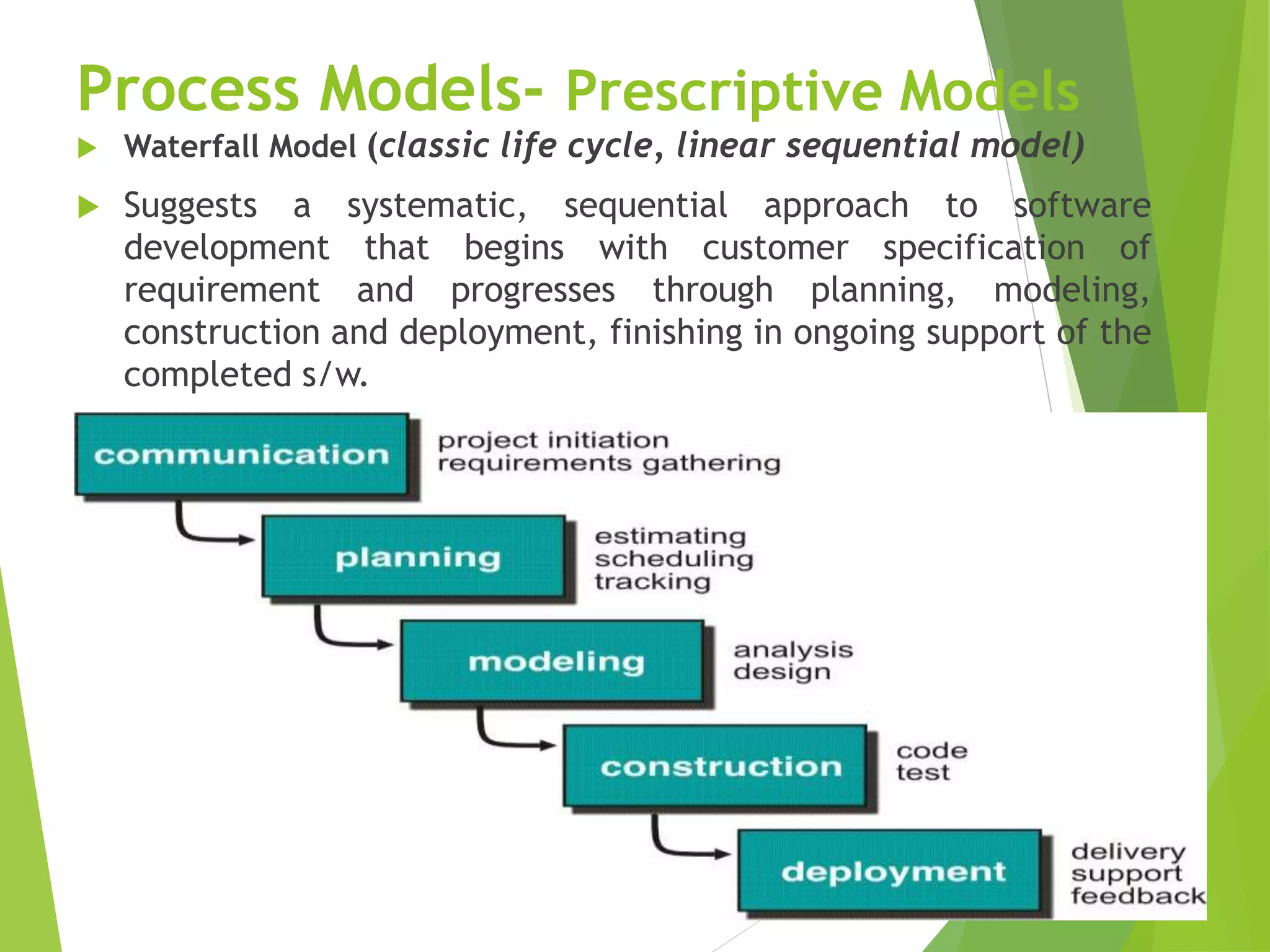 Process Models- Prescriptive Models
 Waterfall Model (classic life cycle, linear sequential model)
 Suggests a systematic, sequential approach to software
development that begins with customer specification of
requirement and progresses through planning, modeling,
construction and deployment, finishing in ongoing support of the
completed s/w.
 
