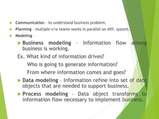  Communication – to understand business problem.
 Planning – multiple s/w teams works in parallel on diff. system.
 Modeling –
 Business modeling – Information flow among
business is working.
Ex. What kind of information drives?
Who is going to generate information?
From where information comes and goes?
 Data modeling – Information refine into set of data
objects that are needed to support business.
 Process modeling – Data object transforms to
information flow necessary to implement business.
 
