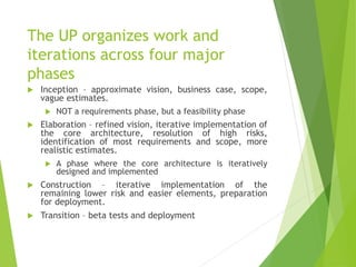 The UP organizes work and
iterations across four major
phases
 Inception – approximate vision, business case, scope,
vague estimates.
 NOT a requirements phase, but a feasibility phase
 Elaboration – refined vision, iterative implementation of
the core architecture, resolution of high risks,
identification of most requirements and scope, more
realistic estimates.
 A phase where the core architecture is iteratively
designed and implemented
 Construction – iterative implementation of the
remaining lower risk and easier elements, preparation
for deployment.
 Transition – beta tests and deployment
 