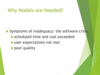 Why Models are Needed?
 Symptoms of inadequacy: the software crisis
scheduled time and cost exceeded
user expectations not met
poor quality
 