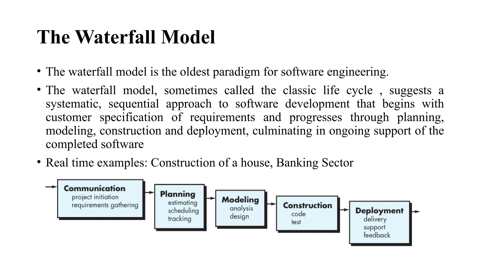 The Waterfall Model
• The waterfall model is the oldest paradigm for software engineering.
• The waterfall model, sometimes called the classic life cycle , suggests a
systematic, sequential approach to software development that begins with
customer specification of requirements and progresses through planning,
modeling, construction and deployment, culminating in ongoing support of the
completed software
• Real time examples: Construction of a house, Banking Sector
 