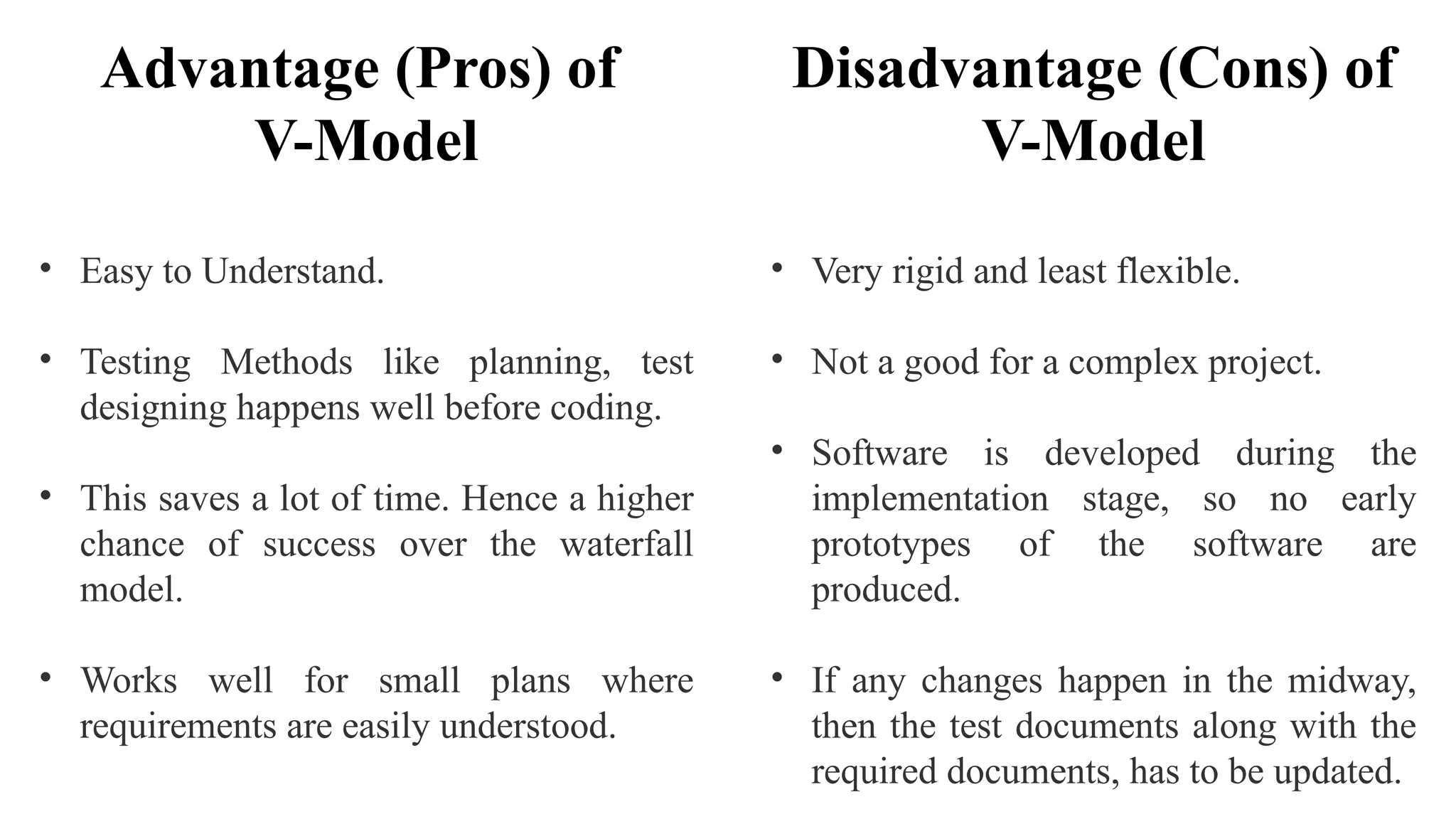 Advantage (Pros) of
V-Model
• Easy to Understand.
• Testing Methods like planning, test
designing happens well before coding.
• This saves a lot of time. Hence a higher
chance of success over the waterfall
model.
• Works well for small plans where
requirements are easily understood.
Disadvantage (Cons) of
V-Model
• Very rigid and least flexible.
• Not a good for a complex project.
• Software is developed during the
implementation stage, so no early
prototypes of the software are
produced.
• If any changes happen in the midway,
then the test documents along with the
required documents, has to be updated.
 