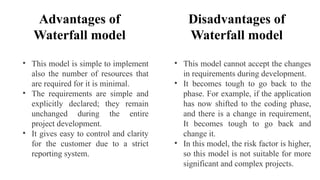 Advantages of
Waterfall model
• This model is simple to implement
also the number of resources that
are required for it is minimal.
• The requirements are simple and
explicitly declared; they remain
unchanged during the entire
project development.
• It gives easy to control and clarity
for the customer due to a strict
reporting system.
Disadvantages of
Waterfall model
• This model cannot accept the changes
in requirements during development.
• It becomes tough to go back to the
phase. For example, if the application
has now shifted to the coding phase,
and there is a change in requirement,
It becomes tough to go back and
change it.
• In this model, the risk factor is higher,
so this model is not suitable for more
significant and complex projects.
 