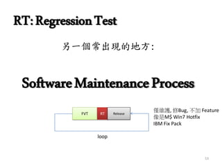 RT:RegressionTest
另一個常出現的地方:
SoftwareMaintenanceProcess
FVT RT Release
loop
僅維護, 修Bug, 不加 Feature
像是M$ Win7 Hotfix
IBM Fix Pack
53
 