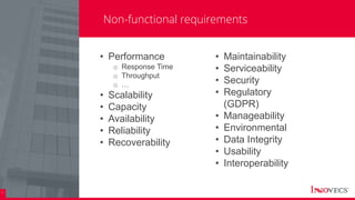 11
Non-functional requirements
• Performance
o Response Time
o Throughput
o …
• Scalability
• Capacity
• Availability
• Reliability
• Recoverability
• Maintainability
• Serviceability
• Security
• Regulatory
(GDPR)
• Manageability
• Environmental
• Data Integrity
• Usability
• Interoperability
 