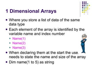 1 Dimensional Arrays Where you store a list of data of the same data type Each element of the array is identified by the variable name and index number Name(1)  Name(2) Name(3) When declaring them at the start the user needs to state the name and size of the array Dim name(1 to 5) as string 