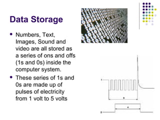 Data Storage




Numbers, Text,
Images, Sound and
video are all stored as
a series of ons and offs
(1s and 0s) inside the
computer system.
These series of 1s and
0s are made up of
pulses of electricity
from 1 volt to 5 volts

 