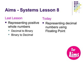 Aims - Systems Lesson 8
Last Lesson
Today
 Representing positive  Representing decimal
whole numbers
numbers using
 Decimal to Binary
Floating Point


Binary to Decimal

 
