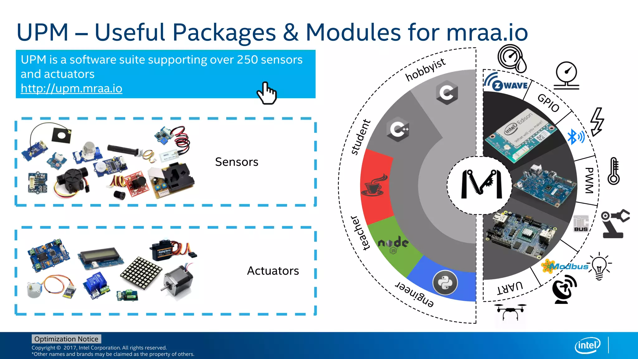 Copyright © 2017, Intel Corporation. All rights reserved.
*Other names and brands may be claimed as the property of others.
Optimization Notice
UPM – Useful Packages & Modules for mraa.io
UPM is a software suite supporting over 250 sensors
and actuators
http://upm.mraa.io
25 25
Sensors
Actuators
 