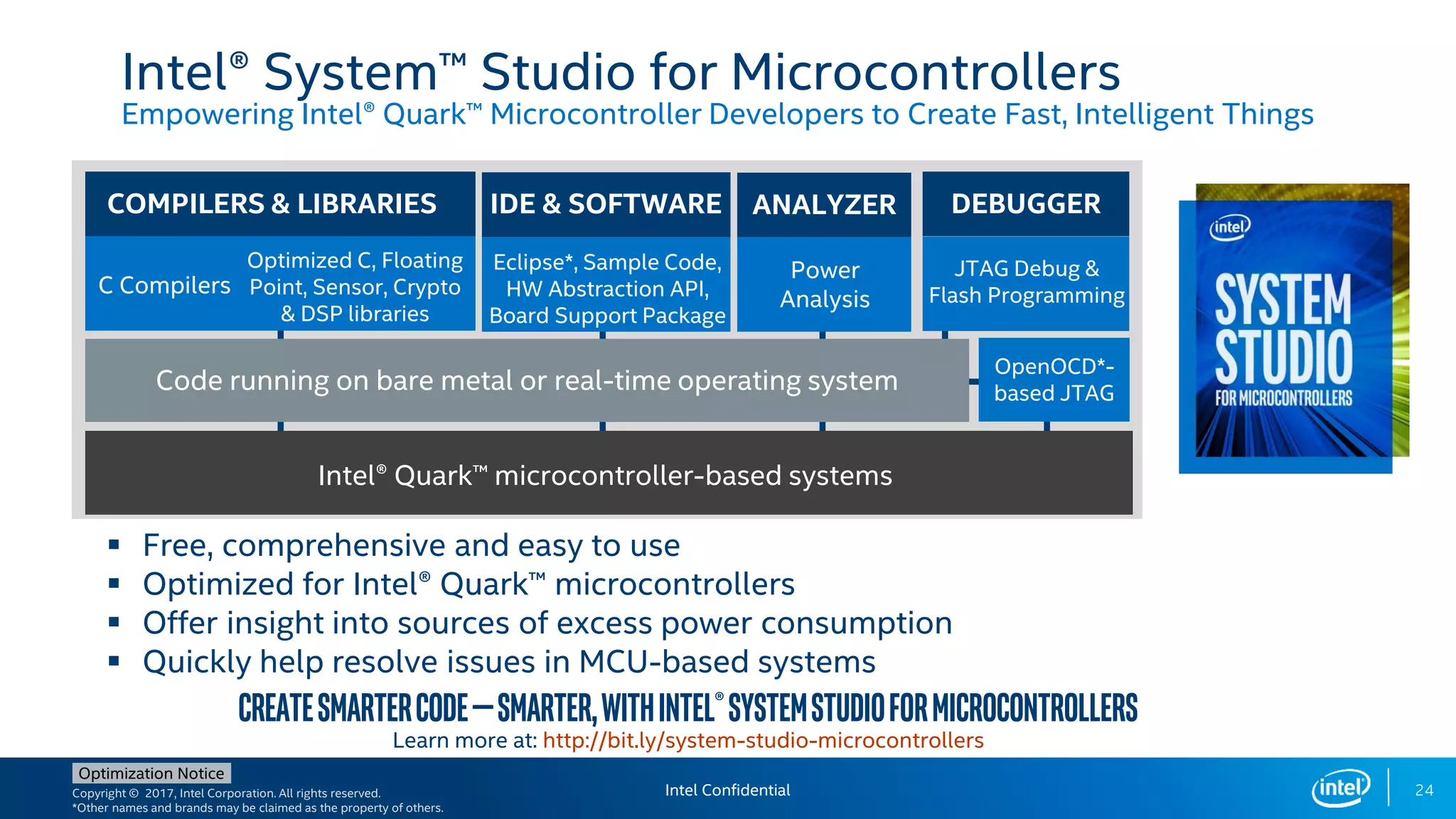 Copyright © 2017, Intel Corporation. All rights reserved.
*Other names and brands may be claimed as the property of others.
Optimization Notice
24Intel Confidential
OpenOCD*-
based JTAG
DEBUGGERCOMPILERS & LIBRARIES
Code running on bare metal or real-time operating system
JTAG Debug &
Flash ProgrammingC Compilers
Optimized C, Floating
Point, Sensor, Crypto
& DSP libraries
Intel® Quark™ microcontroller-based systems
ANALYZER
Power
Analysis
Eclipse*, Sample Code,
HW Abstraction API,
Board Support Package
Intel® System™ Studio for Microcontrollers
Empowering Intel® Quark™ Microcontroller Developers to Create Fast, Intelligent Things
 Free, comprehensive and easy to use
 Optimized for Intel® Quark™ microcontrollers
 Offer insight into sources of excess power consumption
 Quickly help resolve issues in MCU-based systems
Createsmartercode—smarter,withIntel®SystemStudioforMicrocontrollers
Learn more at: http://bit.ly/system-studio-microcontrollers
IDE & SOFTWARE
 
