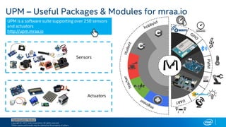 Copyright © 2017, Intel Corporation. All rights reserved.
*Other names and brands may be claimed as the property of others.
Optimization Notice
UPM – Useful Packages & Modules for mraa.io
UPM is a software suite supporting over 250 sensors
and actuators
http://upm.mraa.io
25 25
Sensors
Actuators
 