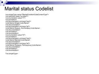 Marital status Codelist <xs:simpleType name="MaritalConditionCodeContentType"> <xs:restriction base="xs:token"> <xs:enumeration value="1"> <xs:annotation> <xs:documentation xml:lang="eng"> <ccts:Name>Single</ccts:Name> </xs:documentation> <xs:documentation xml:lang="ell"> <ccts:Name>Άγαμος, Ανύπανδρος</ccts:Name> </xs:documentation> </xs:annotation> </xs:enumeration> <xs:enumeration value="2"> <xs:annotation> <xs:documentation xml:lang="eng"> <ccts:Name>Married</ccts:Name> </xs:documentation> <xs:documentation xml:lang="ell"> <ccts:Name>Έγγαμος, Παντρεμένος</ccts:Name> </xs:documentation> </xs:annotation> </xs:enumeration> .. </xs:simpleType>  