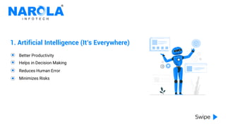 1. Artificial Intelligence (It’s Everywhere)
Better Productivity
Helps in Decision Making
Reduces Human Error
Minimizes Risks