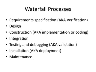 Waterfall Processes
•   Requirements specification (AKA Verification)
•   Design
•   Construction (AKA implementation or coding)
•   Integration
•   Testing and debugging (AKA validation)
•   Installation (AKA deployment)
•   Maintenance
 