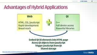 13.04.2010   © 2010 Nokia   27




  Advantages of Hybrid Applications
                                         Web                                  Qt

                           HTML, CSS, JavaScript                     C++
                           Rapid development                         Full device access
                           Broad reach                               Powerful libraries



                                             Embed Qt UI elements into HTML page
                                               Access Qt objects from JavaScript
                                                  Trigger JavaScript from Qt
                                                        Shared storage
http://qt.nokia.com/forms/whitepapers/reg-whitepaper-hybrid
 
