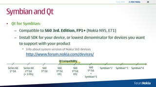 13.04.2010   © 2010 Nokia   10




Symbian and Qt
• Qt for Symbian:
     – Compatible to S60 3rd. Edition, FP1+ (Nokia N95, E71)
     – Install SDK for your device, or lowest denominator for devices you want
            to support with your product
             •   Info about system version of Nokia S60 devices:
                 http://www.forum.nokia.com/devices/
                                         Qt Compatibility

Series 60     Series 60     S60        S60           S60         S60      Symbian^2   Symbian^3      Symbian^4
 1st Ed.       2nd Ed.     3rd Ed.    3rd Ed.       3rd Ed.     5th Ed.
              (+ 3 FPs)                FP1           FP2           =
                                                              Symbian^1
 