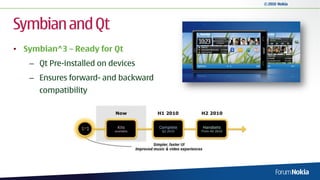 © 2010 Nokia




Symbian and Qt
• Symbian^3 – Ready for Qt
   – Qt Pre-installed on devices
   – Ensures forward- and backward
      compatibility
 
