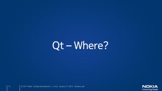 Qt – Where?


14   © 2011 Nokia Qt App Development v. 3.4.6 January 17, 2012 Andreas Jakl
 
