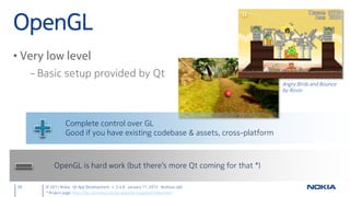 OpenGL
• Very low level
     – Basic setup provided by Qt
                                                                                 Angry Birds and Bounce
                                                                                 by Rovio




                  Complete control over GL
                  Good if you have existing codebase & assets, cross-platform



            OpenGL is hard work (but there’s more Qt coming for that *)

36      © 2011 Nokia Qt App Development v. 3.4.6 January 17, 2012 Andreas Jakl
        * Project page: http://doc.qt.nokia.com/qt-quick3d-snapshot/index.html
 