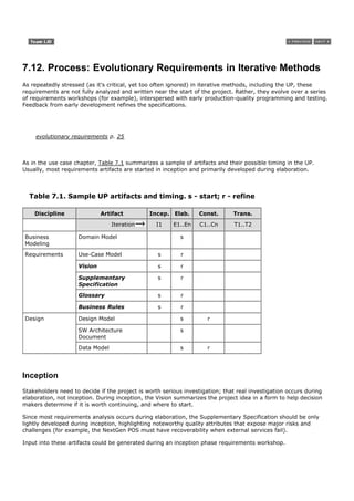 7.12. Process: Evolutionary Requirements in Iterative Methods
As repeatedly stressed (as it's critical, yet too often ignored) in iterative methods, including the UP, these
requirements are not fully analyzed and written near the start of the project. Rather, they evolve over a series
of requirements workshops (for example), interspersed with early production-quality programming and testing.
Feedback from early development refines the specifications.




    evolutionary requirements p. 25



As in the use case chapter, Table 7.1 summarizes a sample of artifacts and their possible timing in the UP.
Usually, most requirements artifacts are started in inception and primarily developed during elaboration.



  Table 7.1. Sample UP artifacts and timing. s - start; r - refine

    Discipline               Artifact          Incep. Elab.       Const.      Trans.
                                 Iteration       I1     E1..En    C1..Cn       T1..T2

Business            Domain Model                           s
Modeling

Requirements        Use-Case Model                s        r

                    Vision                        s        r

                    Supplementary                 s        r
                    Specification

                    Glossary                      s        r

                    Business Rules                s        r

Design              Design Model                           s         r

                    SW Architecture                        s
                    Document

                    Data Model                             s         r




Inception
Stakeholders need to decide if the project is worth serious investigation; that real investigation occurs during
elaboration, not inception. During inception, the Vision summarizes the project idea in a form to help decision
makers determine if it is worth continuing, and where to start.

Since most requirements analysis occurs during elaboration, the Supplementary Specification should be only
lightly developed during inception, highlighting noteworthy quality attributes that expose major risks and
challenges (for example, the NextGen POS must have recoverability when external services fail).

Input into these artifacts could be generated during an inception phase requirements workshop.
 