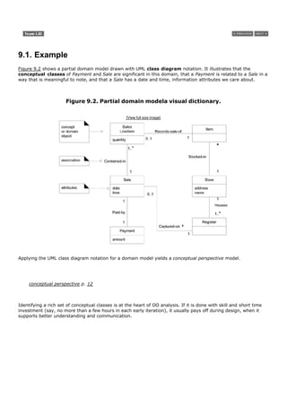 9.1. Example
Figure 9.2 shows a partial domain model drawn with UML class diagram notation. It illustrates that the
conceptual classes of Payment and Sale are significant in this domain, that a Payment is related to a Sale in a
way that is meaningful to note, and that a Sale has a date and time, information attributes we care about.



                      Figure 9.2. Partial domain modela visual dictionary.

                                                   [View full size image]




Applying the UML class diagram notation for a domain model yields a conceptual perspective model.




     conceptual perspective p. 12



Identifying a rich set of conceptual classes is at the heart of OO analysis. If it is done with skill and short time
investment (say, no more than a few hours in each early iteration), it usually pays off during design, when it
supports better understanding and communication.
 