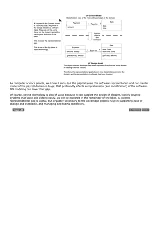 As computer science people, we know it runs, but the gap between this software representation and our mental
model of the payroll domain is huge; that profoundly affects comprehension (and modification) of the software.
OO modeling can lower that gap.

Of course, object technology is also of value because it can support the design of elegant, loosely coupled
systems that scale and extend easily, as will be explored in the remainder of the book. A lowered
representational gap is useful, but arguably secondary to the advantage objects have in supporting ease of
change and extension, and managing and hiding complexity.
 