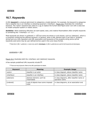 16.7. Keywords
A UML keyword is a textual adornment to categorize a model element. For example, the keyword to categorize
that a classifier box is an interface is (shocking surprise!) «interface». Figure 16.1 illustrates the «interface»
keyword. The «actor» keyword was used on p. 91 to replace the human stick-figure actor icon with a class box
to model computer-system or robotic actors.

Guideline: When sketching UMLwhen we want speed, ease, and creative flowmodelers often simplify keywords
to something like '<interface>' or '<I>'.

Most keywords are shown in guillemet (« »)[2] but some are shown in curly braces, such as {abstract}, which is
a constraint containing the abstract keyword. In general, when a UML element says it can have a "property
string"such as a UML operation and UML association end havesome of the property string terms will be
keywords (and some may be user defined terms) used in the curly brace format.
     [2]   Note that in UML 1, guillemet (« ») were only used for stereotypes. In UML 2, guillemets are used for both keywords and stereotypes.




    constraints p. 265



Figure 16.1 illustrates both the «interface» and {abstract} keywords.

A few sample predefined UML keywords include:[3]
     [3]   There are many keywords. Refer to the UML specification for details.


              Keyword                                       Meaning                                             Example Usage
«actor»                                  classifier is an actor                               in class diagram, above classifier name

«interface»                              classifier is an interface                           in class diagram, above classifier name

{abstract}                               abstract element; can't be                           in class diagrams, after classifier name or
                                         instantiated                                         operation name

{ordered}                                a set of objects have some imposed                   in class diagrams, at an association end
                                         order
 